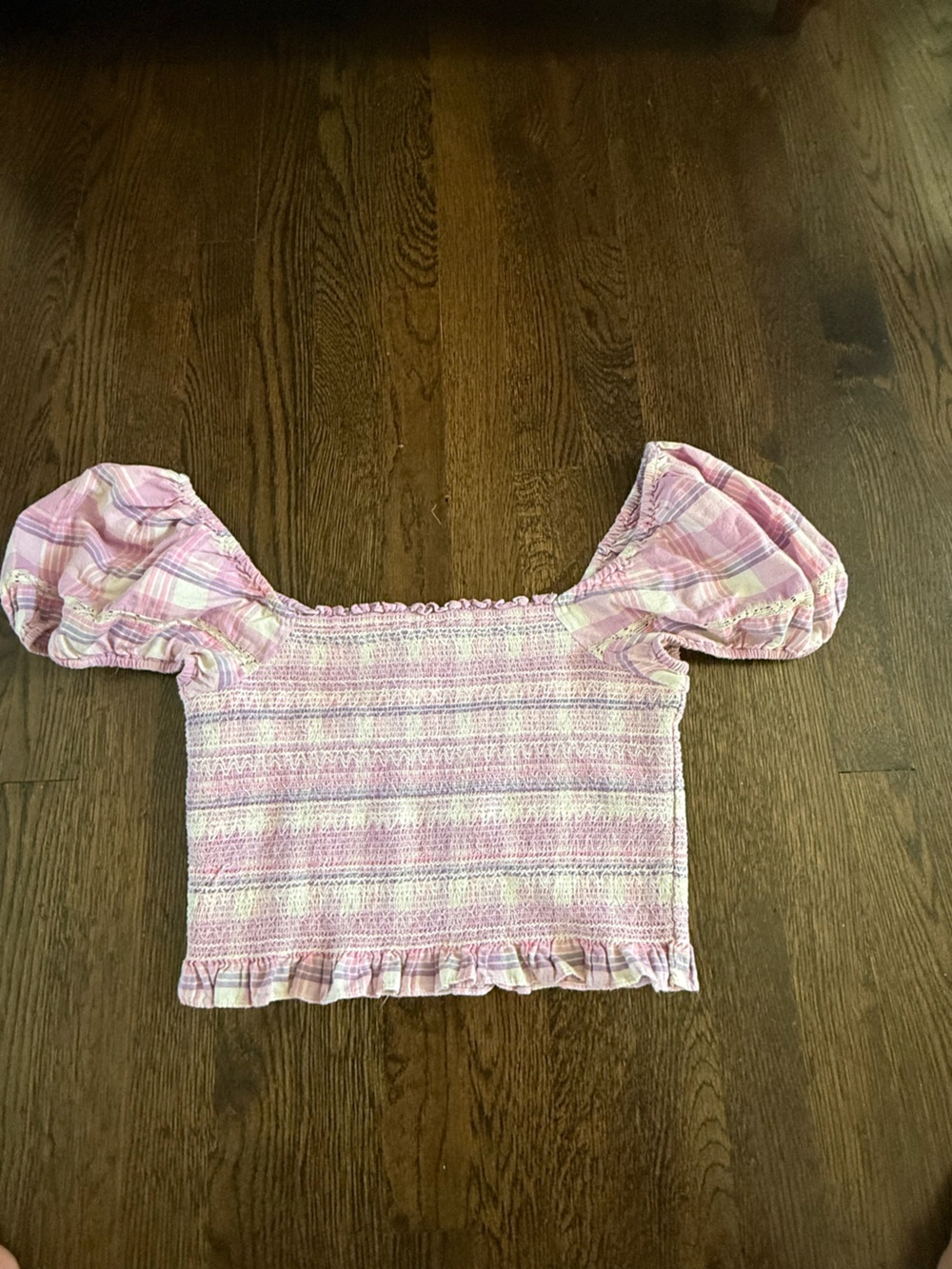 LoveShackFancy Pink Plaid Smocked Puff Sleeve Top